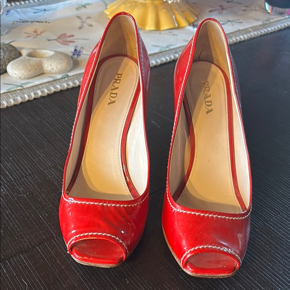 Prada Red Glossy Peep-Toe Heels